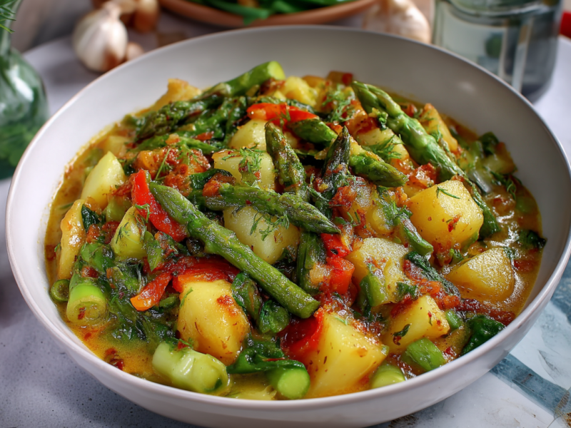 Eine Schale Frühlingseintopf mit Spargel. Der Eintopf ist mit grünem Spargel, Kartoffeln und Paprika. Rechts daneben liegt ein Holzlöffel. Links liegen Chilischoten.