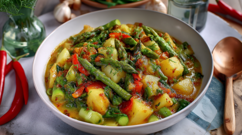 Eine Schale Frühlingseintopf mit Spargel. Der Eintopf ist mit grünem Spargel, Kartoffeln und Paprika. Rechts daneben liegt ein Holzlöffel. Links liegen Chilischoten.