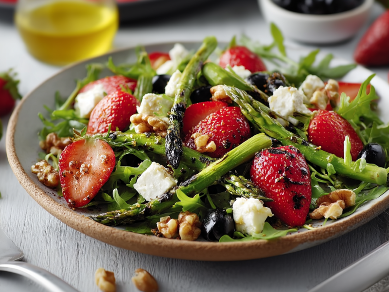 Eine Teller Frühlingssalat mit Erdbeeren und Walnüssen. Neben dem Teller liegt eine Gabel. Im Hintergrund liegen weitere Erdbeeren und eine Flasche Öl.