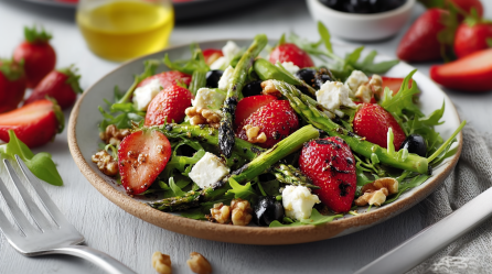 Eine Teller Frühlingssalat mit Erdbeeren und Walnüssen. Neben dem Teller liegt eine Gabel. Im Hintergrund liegen weitere Erdbeeren und eine Flasche Öl.