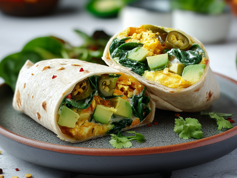 Zwei Frühstück-Burritos mit Jalapeños und Avocado auf einem grauen Teller. Im Hintergrund liegt frischer Spinat und eine angeschnittene Avocado.