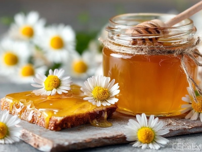 Ein Glas Gänseblümchen-Gelee, indem ein Honiglöffel steckt. Ringsum liegen Gänseblümchen verteilt genauso wie eine Scheibe Brot mit Gänseblümchen-Gelee.