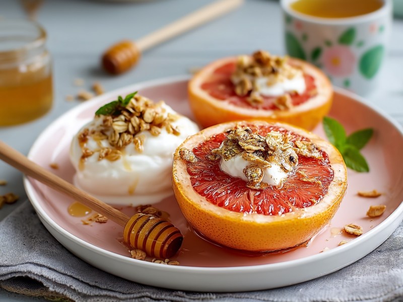 Ein Teller mit gebackener Grapefruit mit Joghurt und Granola. Im Hintergrund kann man ein Honigglas, eine Teetasse und eine Grapefruit erahnen. Der Teller steht auf einem Stoffuntersetzer.