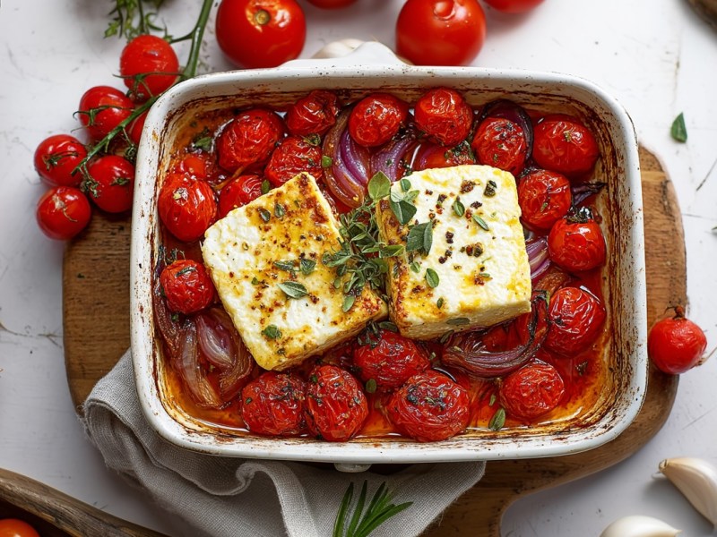 Gebackener Feta mit Tomaten und Knoblauch sowie Kräutern in einer Auflaufform in der Draufsicht, drumherum frische Zutaten.