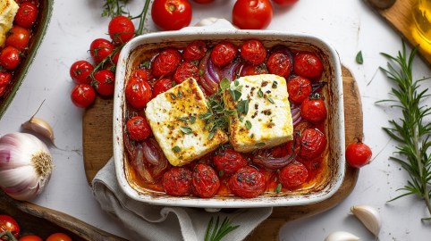 Gebackener Feta mit Tomaten und Knoblauch sowie Kräutern in einer Auflaufform in der Draufsicht, drumherum frische Zutaten.