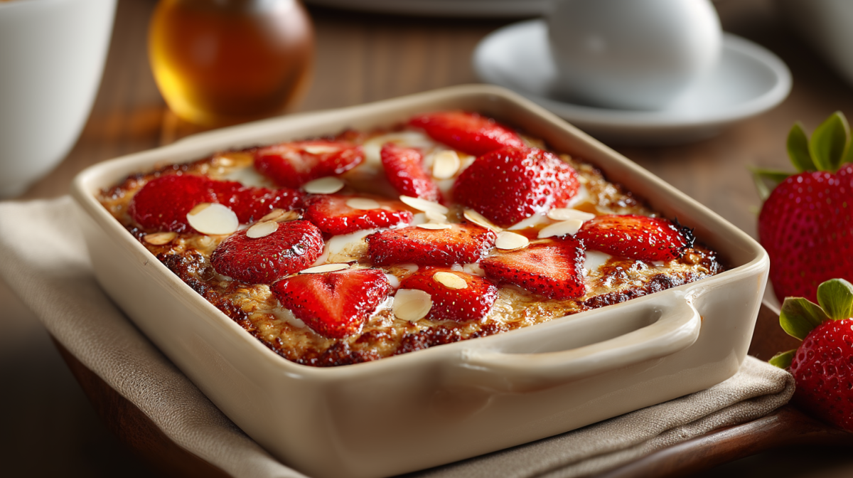 Gebackenes Erdbeer-Porridge in einer kleinen Auflaufform. Im Hintergund steht eine Flasche mit Honig sowie eine Kaffeetasse. Rechts neben der Form liegen zwei Erdbeeren.