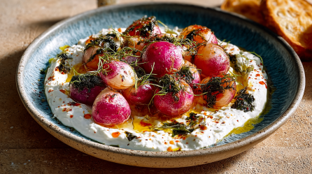 Gebratene Radieschen mit Tofucreme auf einem blauen Teller. Garniert mit Dill.