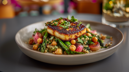 Gebratener Rhabarber mit Halloumi auf einem grauen Teller. Das Gericht ist mit grünem Spargel, Couscous und Kichererbsen zubereitet. Im Hintergrund steht ein Glas.