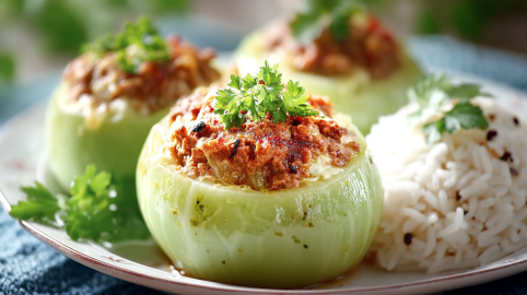 Zwei gefüllte Kohlrabi mit Hack und Reis serviert.