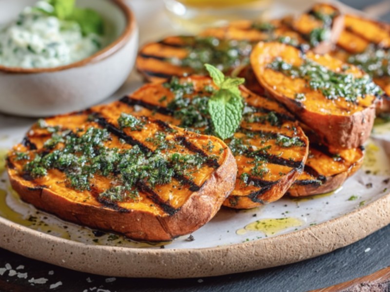Gegrillte Süßkartoffeln mit Minz-Dip und Joghurt auf einem Teller.