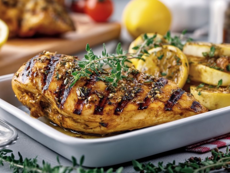 Gegrilltes Zitronenhähnchen auf einem eckigen Teller.