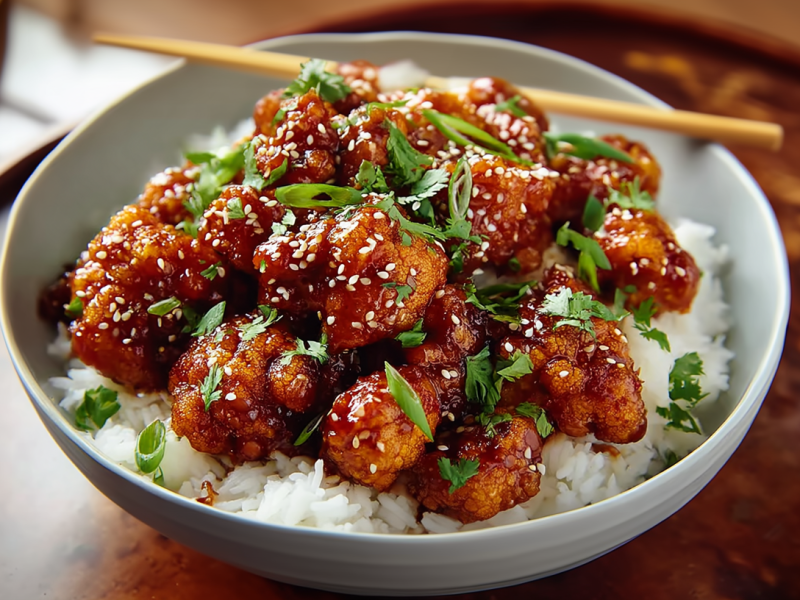 Eine Schale mit General Tso's Blumenkohl auf einem dunklen Holzuntersetzer. Er ist auf Reis angerichtet. Daneben steht eine Schale mit Sojasoße.