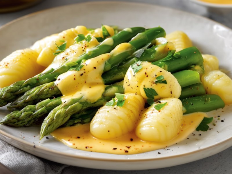Ein Teller Gnocchi mit grünem Spargel in Orangen-Sahne-Soße.
