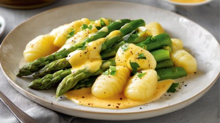 Ein Teller Gnocchi mit grünem Spargel in Orangen-Sahne-Soße.
