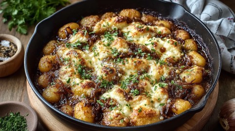 Gnocchi-Pfanne mit karamellisierten Zwiebeln auf einem Tisch