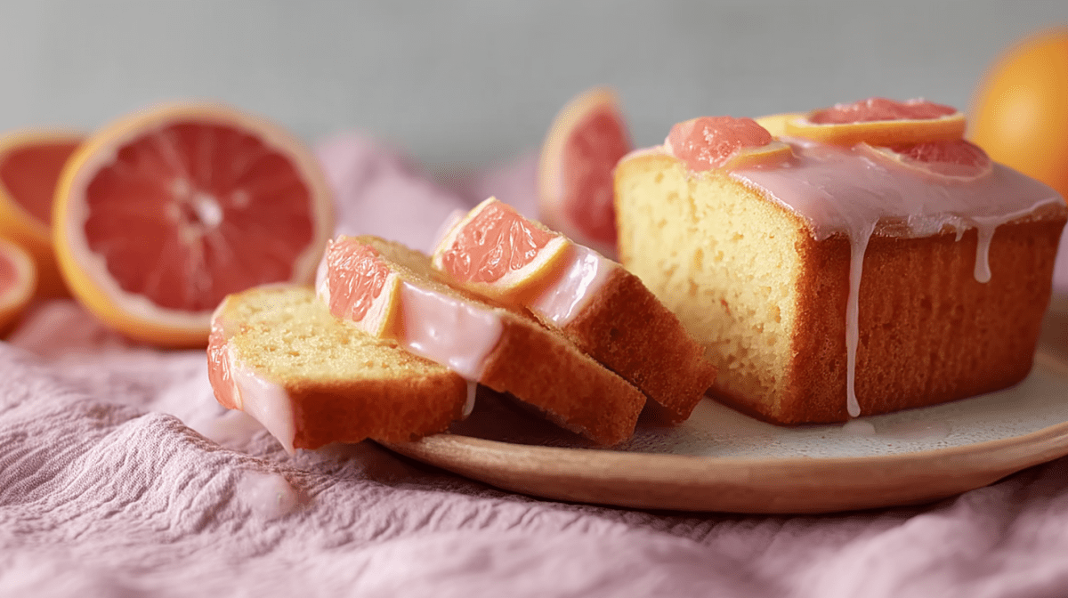Ein aufgeschnittener Grapefruit-Joghurt-Kuchen aus der Kastenform, der eine rosafarbene Glasur hat und mit einigen Grapefruitscheiben garniert ist. Der Kuchen liegt auf einem Teller, der auf einem rosafarbenen Tuch steht. Im Hintergrund kann man ganze und aufgeschnittene Grapefruits erkennen.