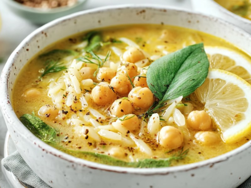Eine Schüssel griechische Zitronensuppe mit Orzo und Kichererbsen.