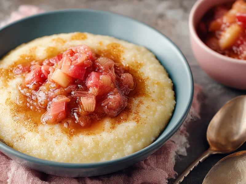 Eine Schale Grießbrei mit Rhabarberkompott. Daneben liegen zwei Löffel.
