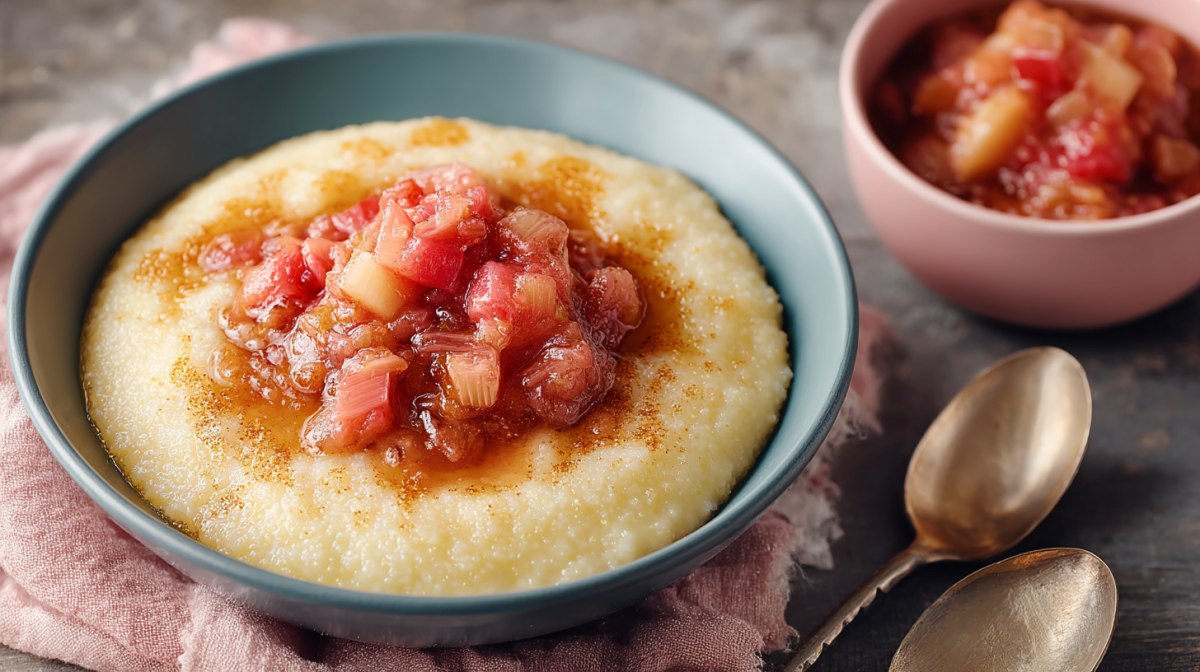 Eine Schale Grießbrei mit Rhabarberkompott. Daneben liegen zwei Löffel.