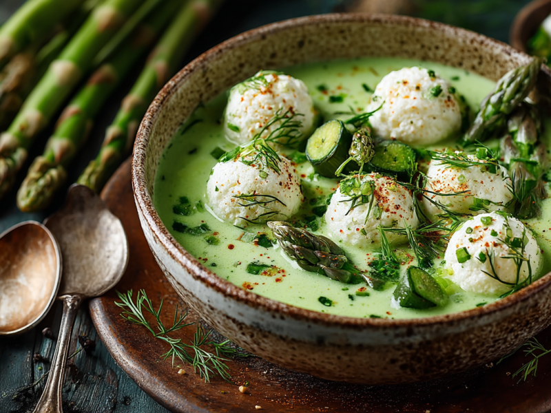 Grüne Spargelsuppe mit Ricottaklößchen in einer Schale.