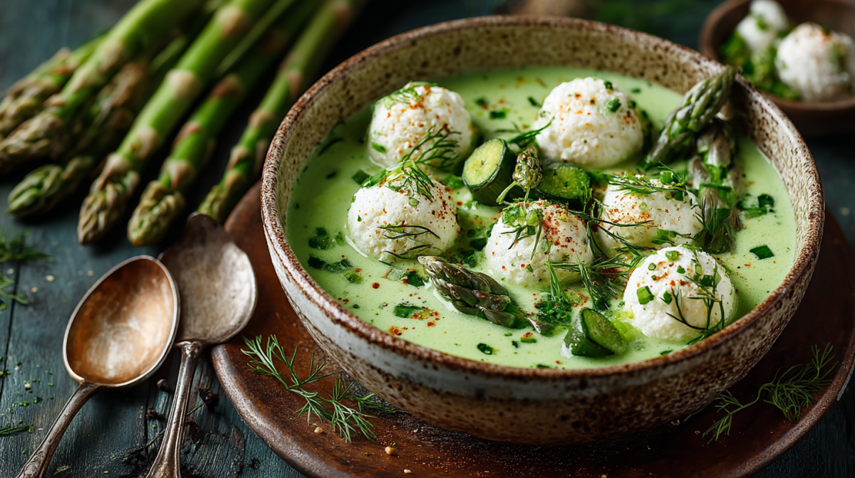 Grüne Spargelsuppe mit Ricottaklößchen in einer Schale.
