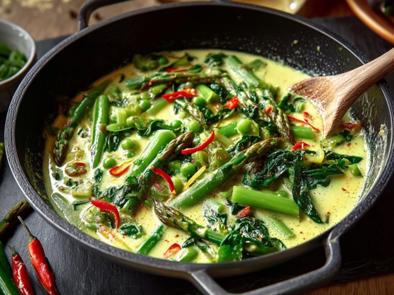 Pfanne mit grünem Spargelcurry