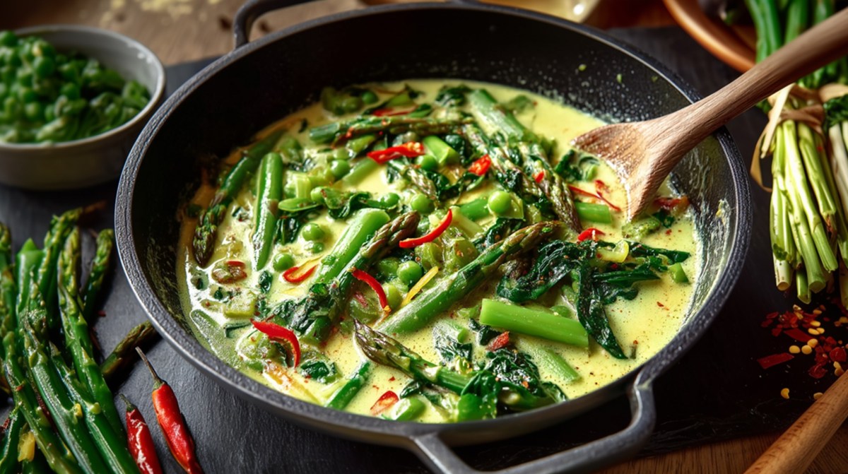 Pfanne mit grünem Spargelcurry