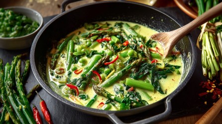 Pfanne mit grünem Spargelcurry