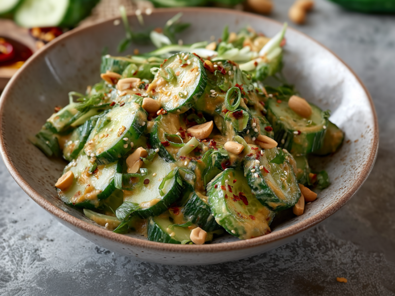 Eine Schüssel mit Gurkensalat mit Erdnuss-Dressing.