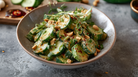 Eine Schüssel mit Gurkensalat mit Erdnuss-Dressing.