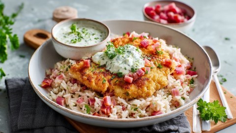 Ein Teller mit Hähnchenschnitzel und Rhabarberreis. Das Schnitzel ist mit Joghurt-Dip garniert. Auf dem Teller steht noch ein Schälchen mit Joghurt-Dip. Der Teller steht auf einem Holzbrett, bedeckt mit einem grauen Küchentuch. Im Hintergrund steht eine Schale mit Rhabarberstücken-