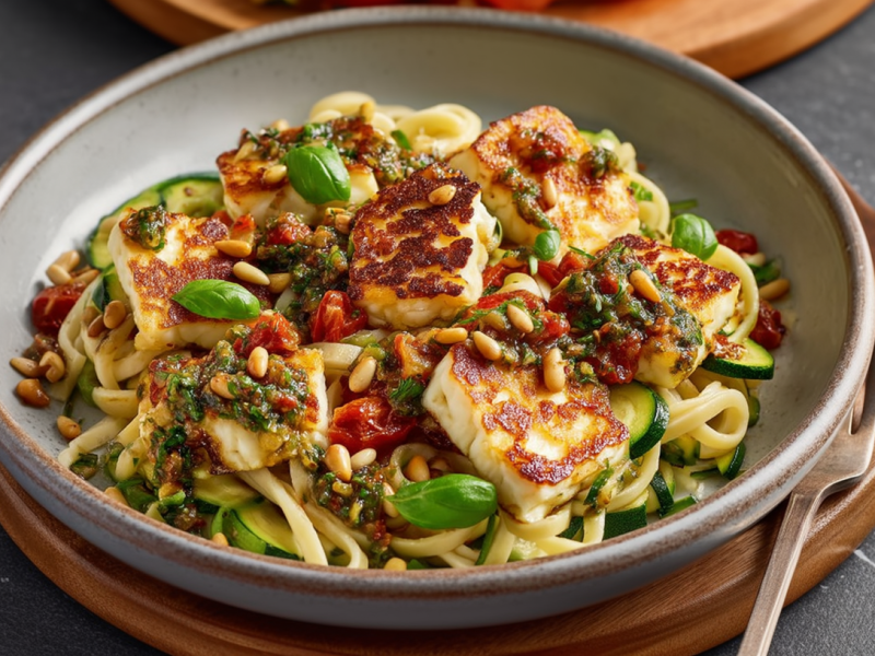 Ein Teller mit Halloumi-Zucchini-Nudeln auf einem Holzuntersetzer. Rechts neben dem Teller liegt eine Gabel. Oben im Bild sieht man einen weiterer angeschnittenen Holzuntersetzer.