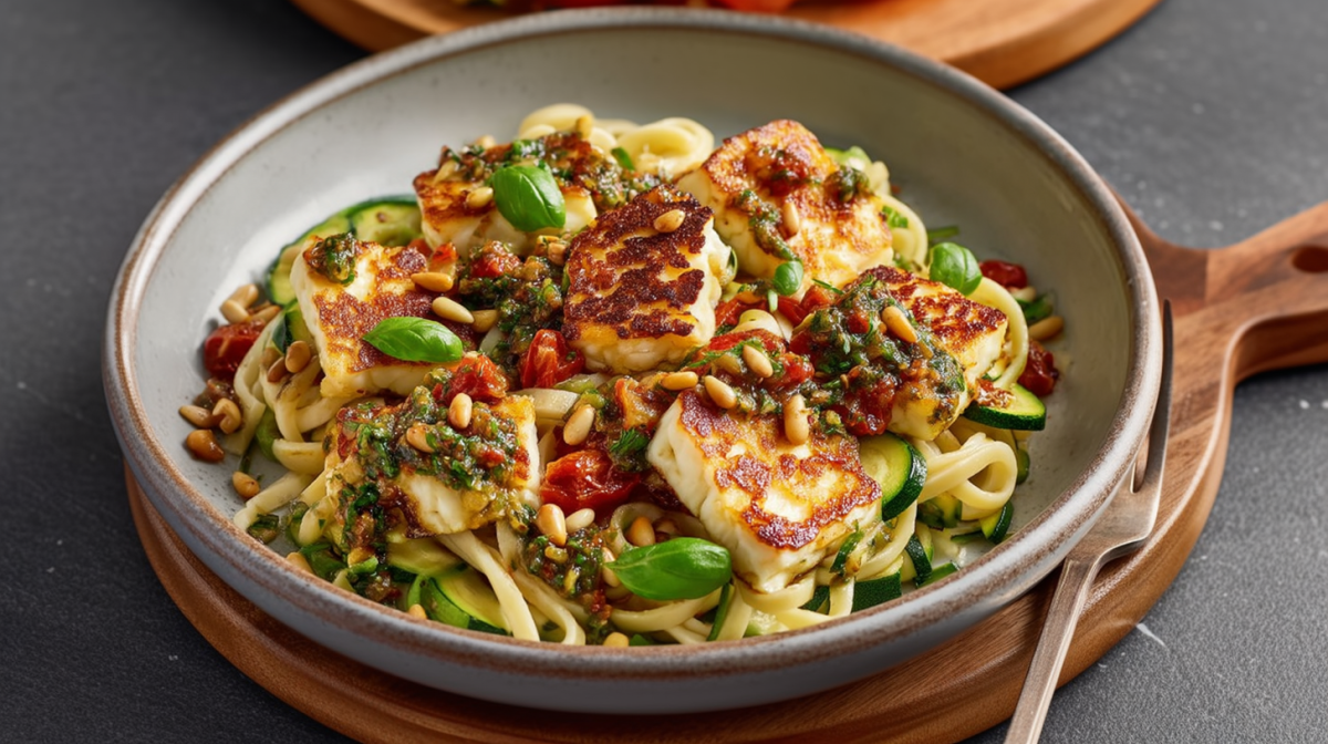 Ein Teller mit Halloumi-Zucchini-Nudeln auf einem Holzuntersetzer. Rechts neben dem Teller liegt eine Gabel. Oben im Bild sieht man einen weiterer angeschnittenen Holzuntersetzer.