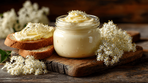 Ein Glas Holunderblüten-Aufstrich auf einem Holzbrett, daneben liegen Holunderblütendolden und einige Scheiben Brot.