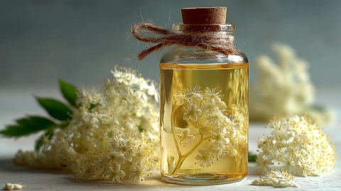Eine Flasche Holunderblüten-Öl. Drumherum liegen frische Holunderblüten.
