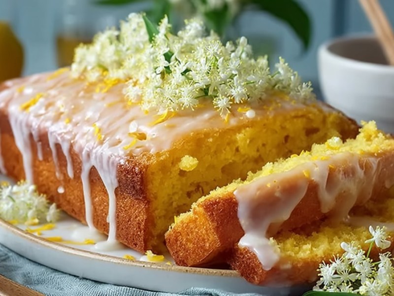 angeschnittener Holunderblüten-Zitronen-Kuchen auf einem Tisch