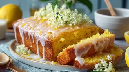 angeschnittener Holunderblüten-Zitronen-Kuchen auf einem Tisch
