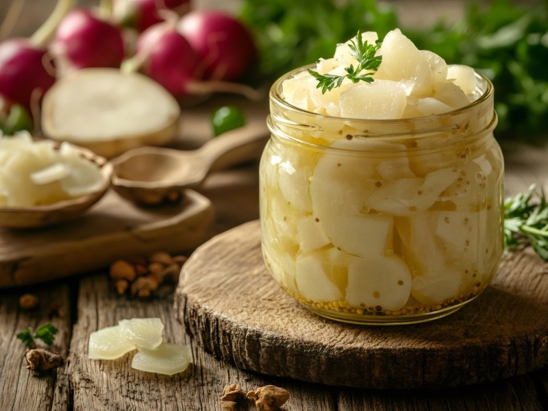 Ein Glas Honig-Senf-Gurken, im Hintergrund Zutaten.