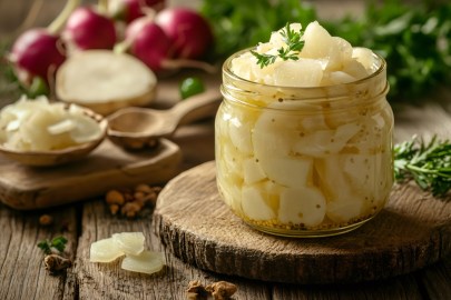 Ein Glas Honig-Senf-Gurken, im Hintergrund Zutaten.