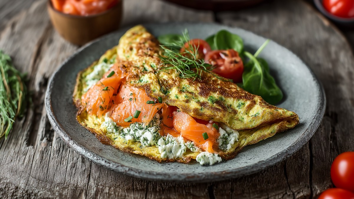 Ein Teller mit einem Hüttenkäse-Lachs-Omelette, das mit Schnittlauch und Dill garniert ist. Auf dem Teller liegt noch Tomate und Spinat. Der Teller steht auf einer Holzoberfläche. Im Hintergrund kann man eine kleine Holzschüssel mit Lachs erkennen.
