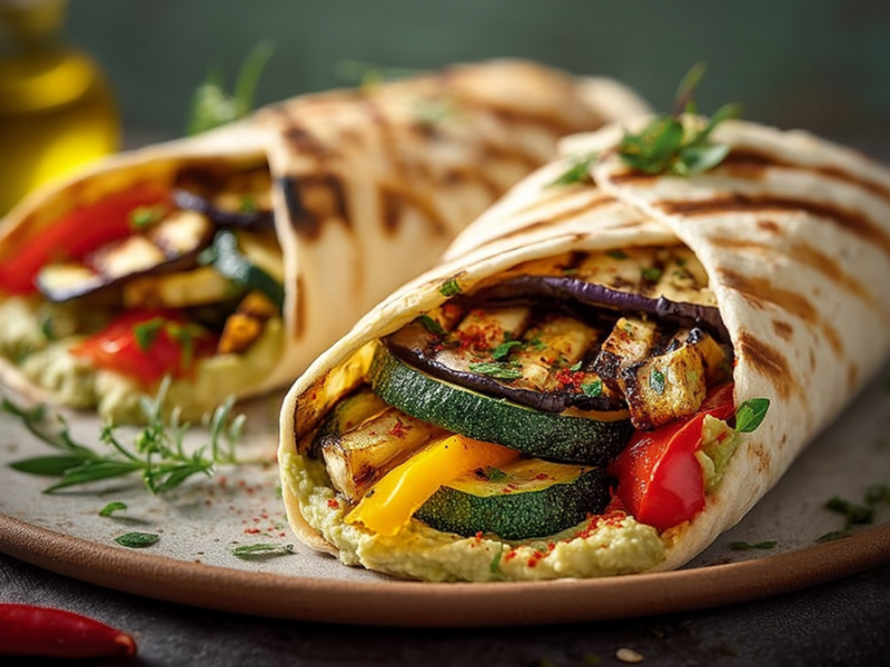 Ein Teller mit zwei Hummus-Avocado-Wraps mit Grillgemüse gefüllt.