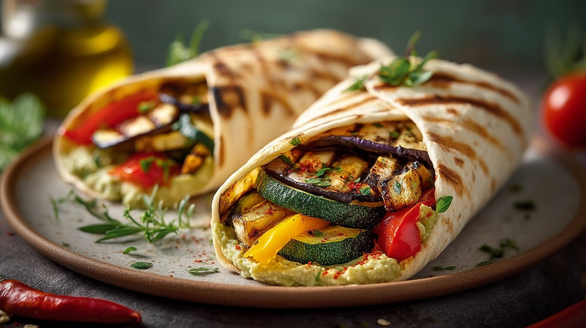 Ein Teller mit zwei Hummus-Avocado-Wraps mit Grillgemüse gefüllt.