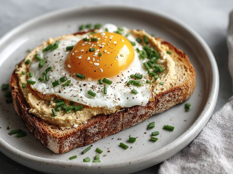 Ein Hummus-Spiegelei-Toast mit Schnittlauch bestreut auf einem Teller, daneben eine Stoffserviette.