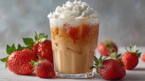 Ein Glas Iced Strawberry Latte mit Schlagsahne, daneben ein paar frische Erdbeeren.