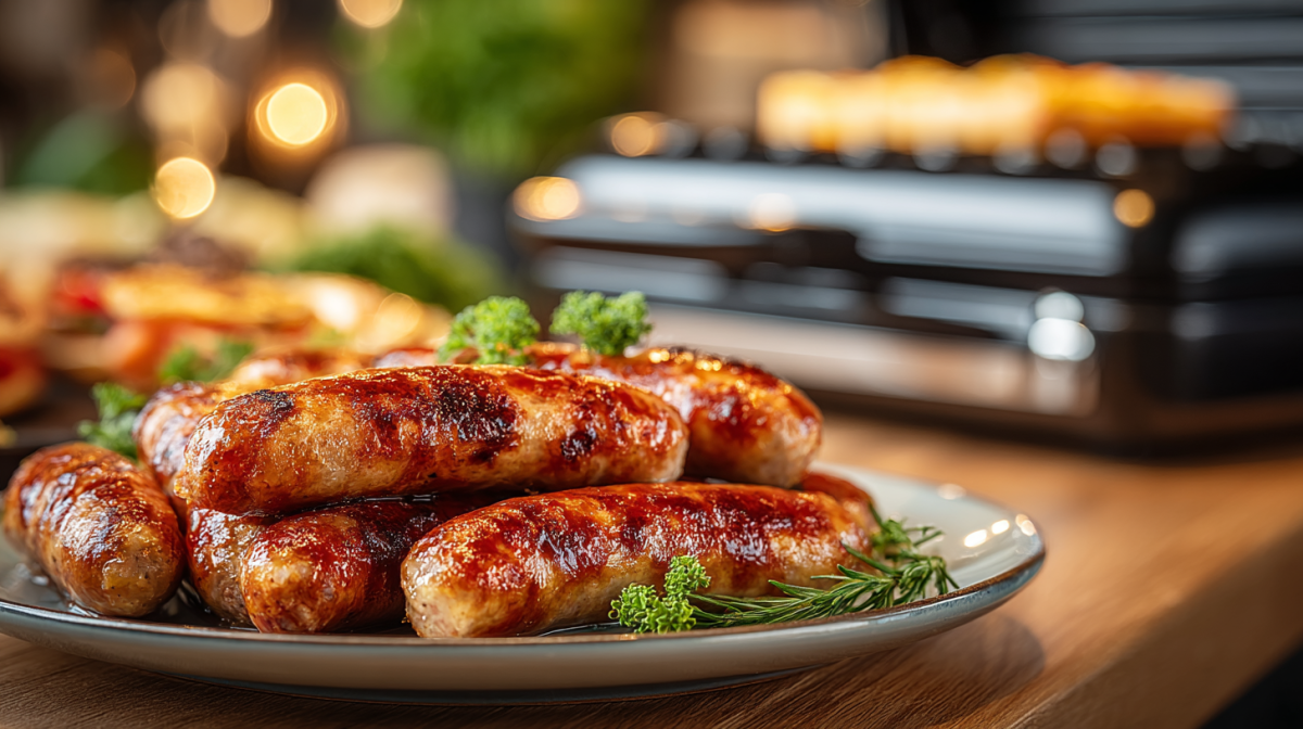 Indoor-Grillen mit dem Tefal OptiGrill: ein Teller gegrillte Wurst mit einem Kontaktgrill im Hintergrund.
