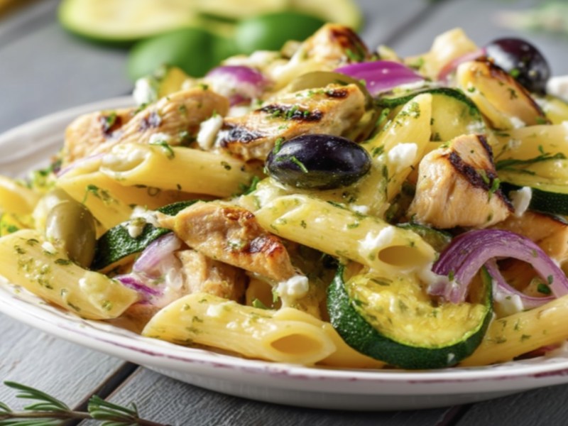 Ein Teller italienischer Nudelsalat mit Hähnchen und Oliven.