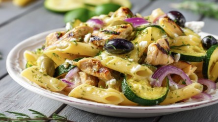 Ein Teller italienischer Nudelsalat mit Hähnchen und Oliven.