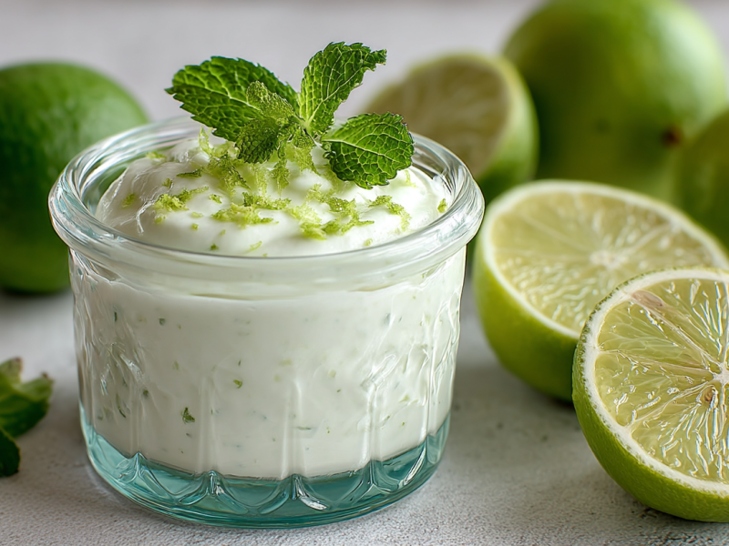 Ein Glas mit Joghurt-Limetten-Mousse auf grauem Untergrund. Um das Glas verteilt liegen einige Limetten. Das Mousse ist mit Limettenzeste und Minze angerichtet.