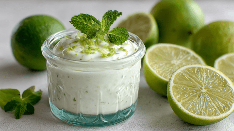 Ein Glas mit Joghurt-Limetten-Mousse auf grauem Untergrund. Um das Glas verteilt liegen einige Limetten. Das Mousse ist mit Limettenzeste und Minze angerichtet.