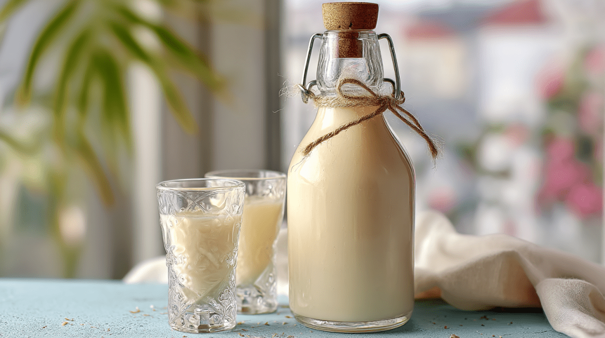 Eine Flasche mit Käsekuchenlikör und zwei Gläsern daneben. Im Hintergrund sieht man eine Pflanze.